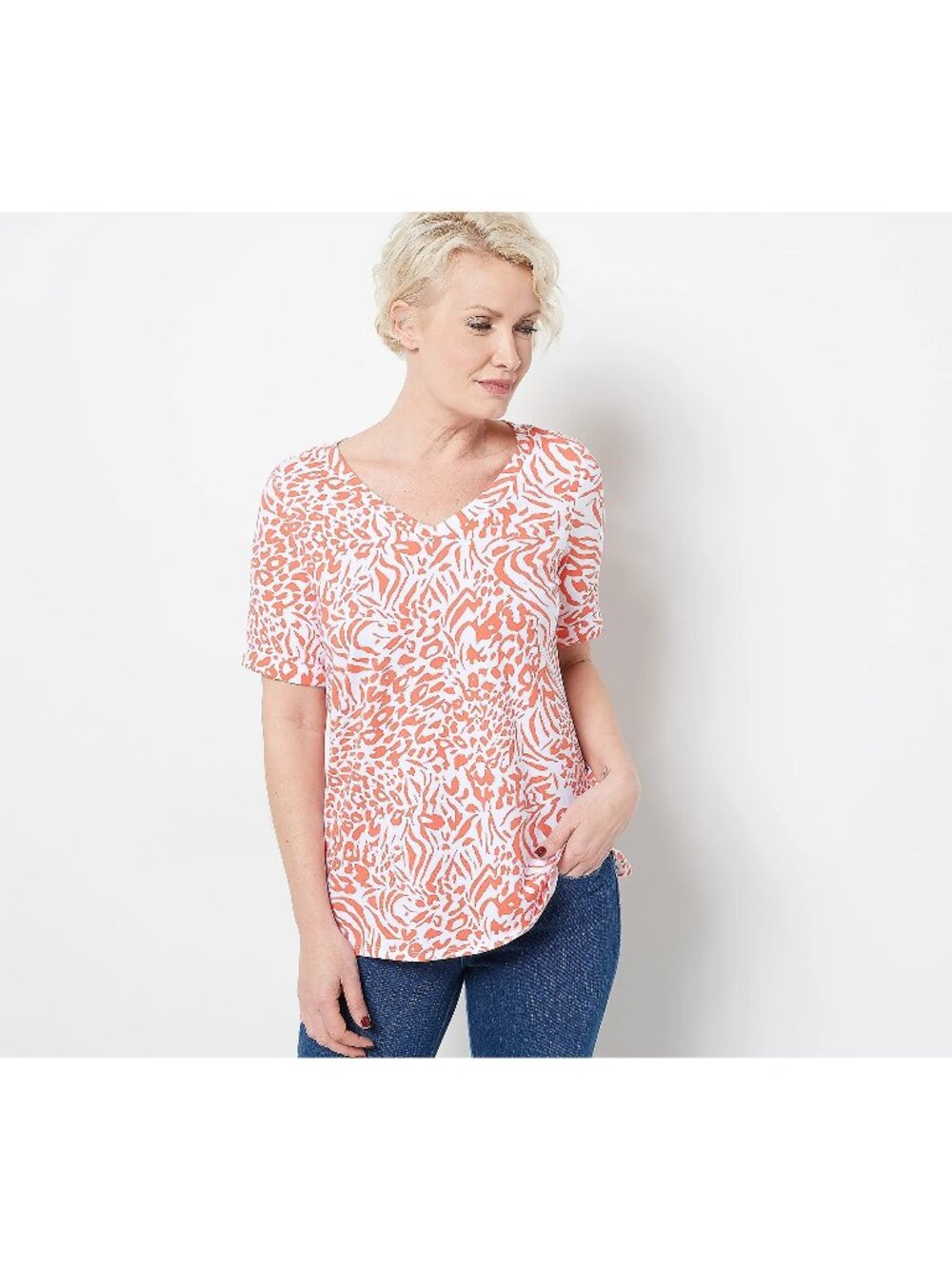 Belle by Kim Gravel TripleLuxe Knit Mixed Animal V Neck Top XS Coral Reef NEW